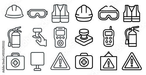 Collection of safety symbols and equipment. The symbols include a fire extinguisher, a first aid kit, a hard hat, and a safety vest. Scene is one of caution and preparedness for potential hazards