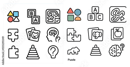 Puzzle is shown in two different styles. The first is a simple puzzle with a few pieces, while the second is a more complex puzzle with many pieces