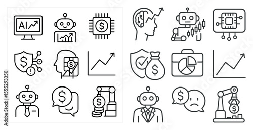 Set of icons for robots and money. The icons include a robot with a dollar sign, a robot with a computer, a robot with a robot, and a robot with a robot