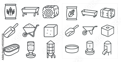 Collection of farm tools and equipment. The tools include a shovel, a wheelbarrow, and a bucket. The equipment includes a feeder, a water trough, and a silo