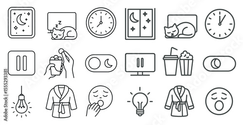 Collection of icons for a sleep app. The icons include a clock, a cat, a person, a cup, a remote, a bowl, a bed, a pillow, a light bulb, a cup, a bowl, a person