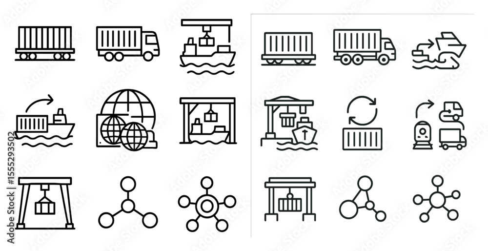 Series of icons depicting various modes of transportation, including trucks, ships, and trains. The icons are all in black and white and are arranged in a grid. Scene is one of industry and commerce