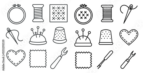Collection of sewing tools and supplies. The image is black and white. Scene is simple and practical