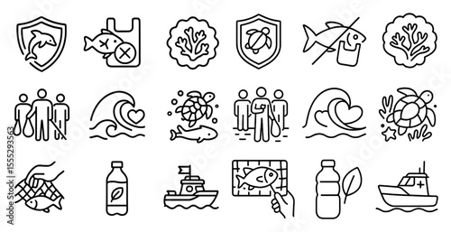 Collection of symbols that represent various aspects of the ocean and marine life, such as a bottle, a fish, a turtle, a wave, and a boat