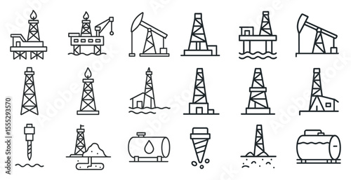 Collection of oil and gas related icons. Some of the icons include a drilling rig, a gas tank, and a pipeline. The icons are all drawn in a simple, stylized way, with a focus on the shapes