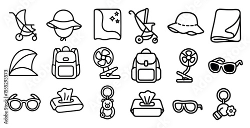Collection of baby items including a stroller, a backpack, a fan, a bottle, a blanket, a hat, a toy, a diaper, a bottle, a stroller, a blanket, a hat, a toy, a diaper,