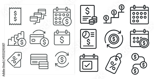 Set of icons for money and time. The icons include a calendar, a dollar sign, a credit card, and a shopping bag. The icons are all in black and white and are arranged in a grid