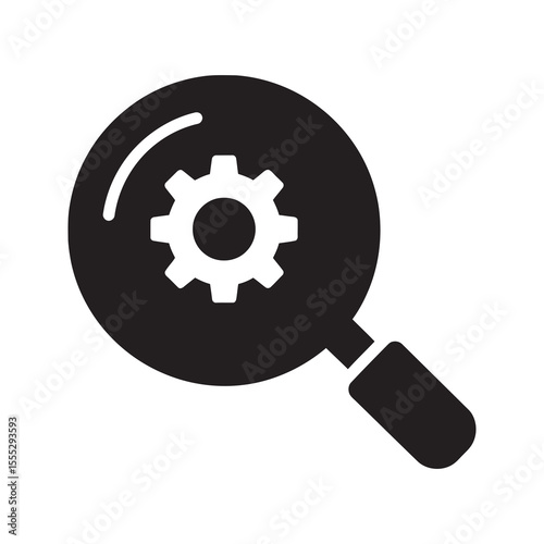 Technical search icon with a magnifying glass on a gear representing process analysis system optimization research and finding a solution vector solid glyph icon