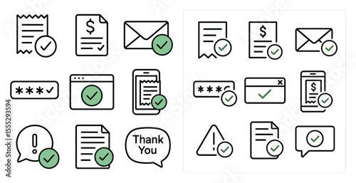 Set of icons that are related to checking and verifying information. The icons include a check mark, a green check mark, a green check mark with a dollar sign, a green check mark with a phone