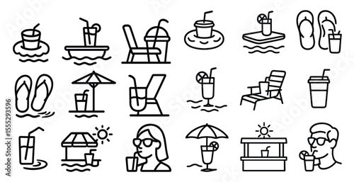 Series of black and white images of people enjoying a day at the beach. The images include people drinking from cups, sitting in chairs, and using umbrellas. The mood of the images is relaxed