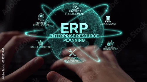ERP platform visual showing centralized system for enterprise resource planning, improving integration, data flow, business efficiency, finance, inventory, and human resources. Muxer
