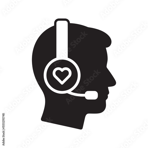 Empathetic support icon with a heart on a customer service headset representing friendly assistance and caring communication from an operator vector solid glyph icon