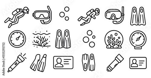 Series of black and white images of people in water sports. The images include a person wearing a wetsuit, a person holding a camera, and a person holding a diving mask