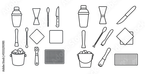 Two sets of kitchen utensils and tools. One set is a collection of items for a bar, and the other is a collection of items for a kitchen