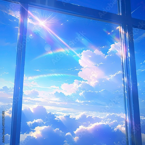 Rainbow Hued Clouds Through Transparent Glass Window, Soft Light from Above, Dreamy Serene Sky Panorama for Commercial Background
