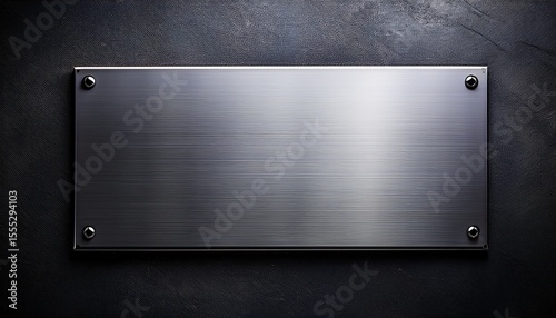 blank brushed metal plate or sign fixed with four screws onto a dark textured industrial wall modern sturdy background with copy space for text logos or information