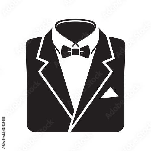 Tuxedo suit icon with a bow tie representing formal wear for a groom at a wedding a gentleman at a gala or a fancy event vector solid glyph icon