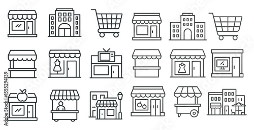 Series of black and white icons of various types of stores, including a grocery store, a clothing store, and a restaurant