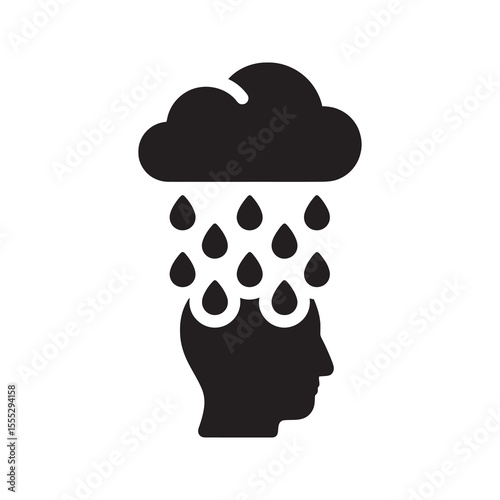 Mental distress icon with a rain cloud over a head representing negative thinking a bad day psychological problems stress and sadness vector solid glyph icon