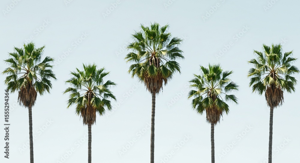 Fototapeta premium Five Palm Trees Against a Pale Blue Sky
