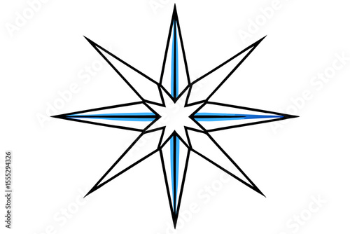 A compass rose vector illustration, a nautical navigation symbol for travel and adventure, shows direction with north, south, east, and west points