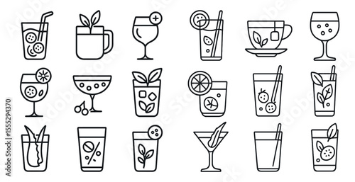 Set of 12 different types of drinks, including cocktails, martinis, and smoothies. The drinks are all served in various types of glasses, such as martini glasses, wine glasses, and tall glasses