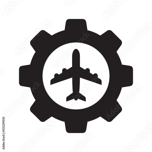 Aerospace engineering icon with an airplane inside a gear representing aviation industry technology and aircraft maintenance service vector solid glyph icon