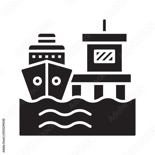 Port logistics icon with a cargo ship being loaded at a harbor dock representing international shipping trade for import and export vector solid glyph icon