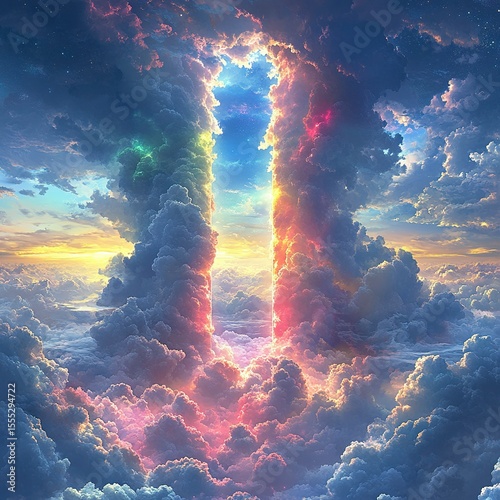 Rainbow Hued Clouds Through Transparent Glass Window, Soft Light from Above, Dreamy Serene Sky Panorama for Commercial Background
