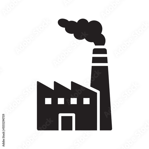 Industrial factory building icon with a chimney and smoke representing manufacturing production plant and environmental air pollution concept vector solid glyph icon