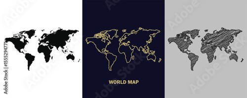 World Map Black, Gold, Sketch Map Vector Illustration Abstract Editable image