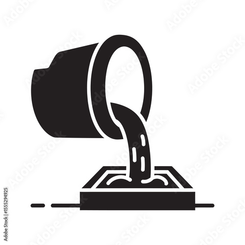 Metallurgy foundry icon showing molten metal being poured from a ladle for industrial steel casting and heavy manufacturing process work vector solid glyph icon
