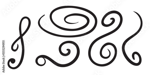Bold calligraphic Curls, Curved lines for decorative design. Pack element for vintage, baroque Lettering. Set of Loops, curls for cursive text. Collection of hand-drawn Flourishes. Vector illustration
