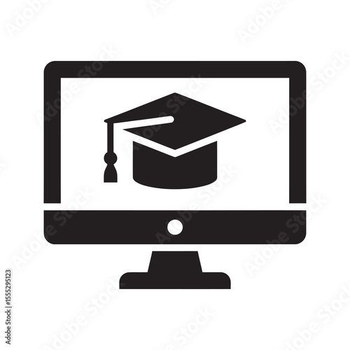 Online education e-learning icon with a graduation cap on a computer monitor for a virtual degree and distance learning university course vector solid glyph icon