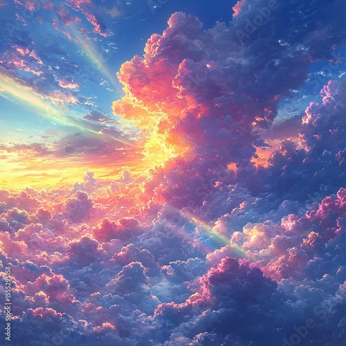 Rainbow Hued Clouds Through Transparent Glass Window, Soft Light from Above, Dreamy Serene Sky Panorama for Commercial Background
