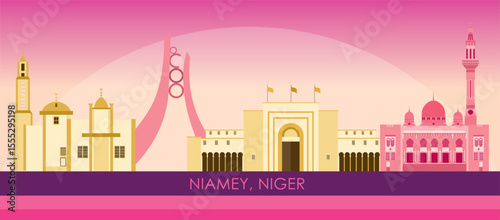 Sunset Skyline panorama of city of Niamey, Niger - vector illustration