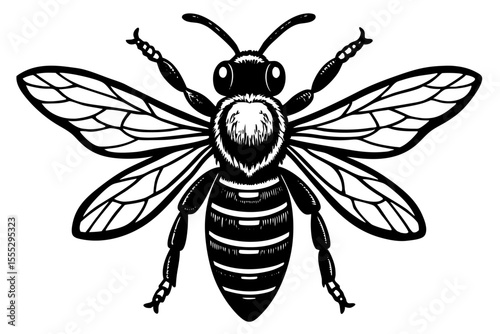 Black and white vector insect illustrations: a butterfly, wasp, and bee flying in nature, perfect for a macro cartoon design