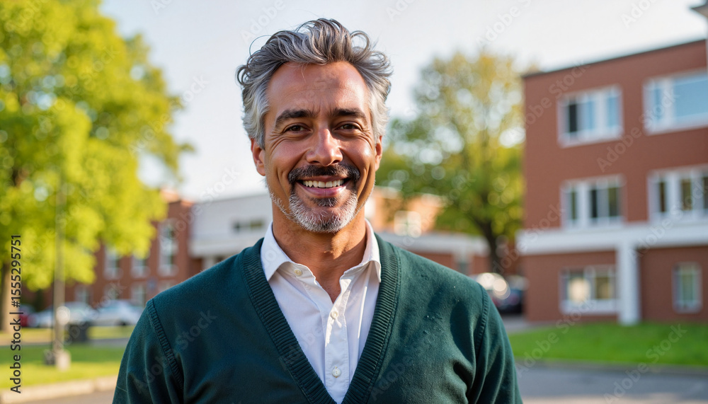 Fototapeta premium Smiling man with gray hair standing outside a school in spring - Concept of teachers of different nationalities for teachers' day 