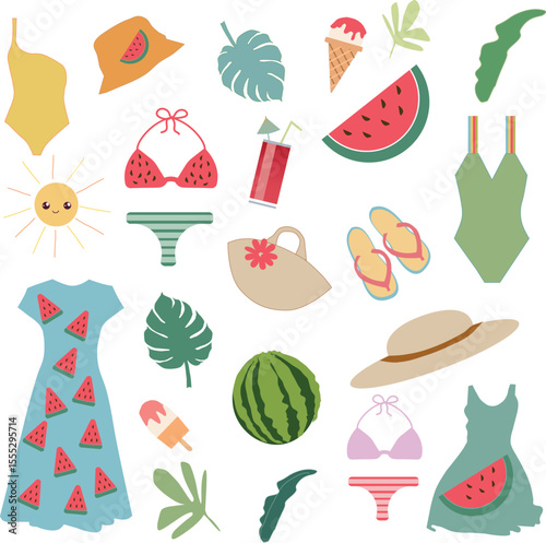  Watermelon party vector,Set of summer dress, swimsuits,beach cocktail ,icecream,with Watermelon,collection of beachwear and accessories red fruit clipart on white background