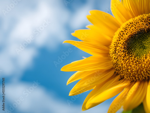 青空と白い雲を背景に咲く大きなひまわりのアップ・夏を象徴する元気な花