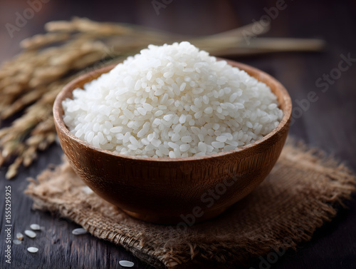 木の器に盛られた日本の白米・精米・和食・お米のある暮らし・炊飯前のコメ・米農家・自然素材