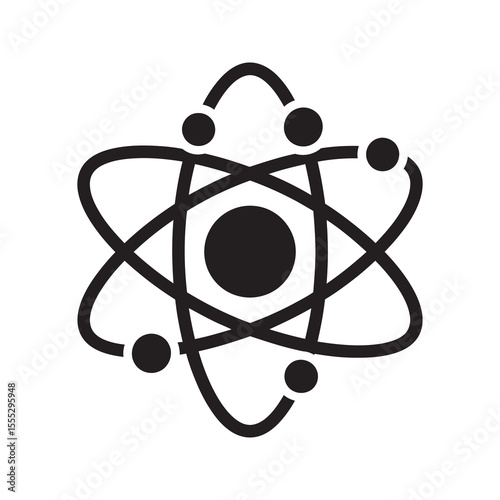 Science atom icon representing physics and chemistry research with a nucleus and orbiting electrons for a molecular technology concept vector solid glyph icon