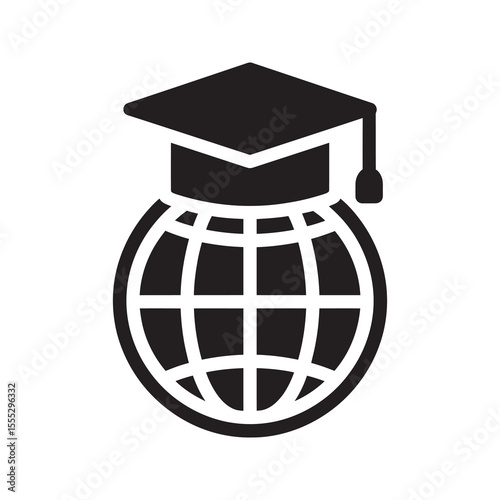 International education icon with a globe and graduation cap representing a global university program and studying abroad for a degree vector solid glyph icon
