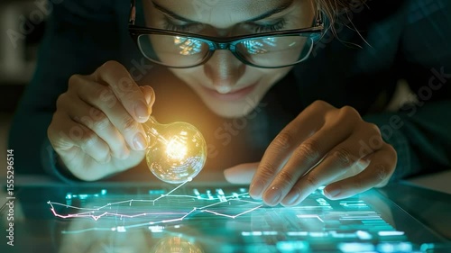 Woman analyzing data on a digital screen with a glowing light bulb, concept for innovation and technology
