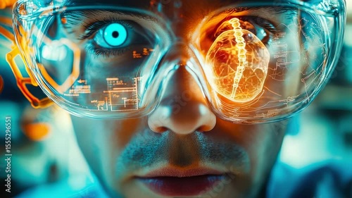 Close-up of a scientist with futuristic glasses displaying a brain hologram
