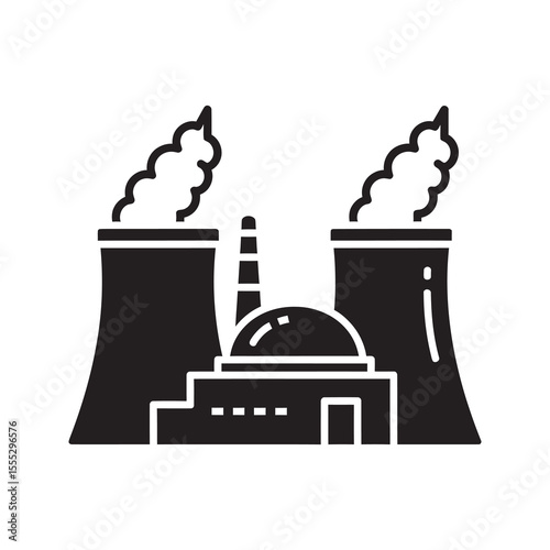Nuclear power plant icon with cooling towers representing energy production and electricity generation from an industrial atomic station vector solid glyph icon
