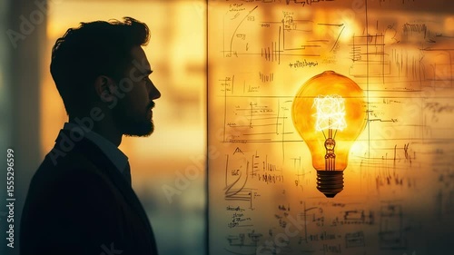 Man in suit contemplates a glowing light bulb and sketches, symbolizing innovation and creative thinking in a warm, conceptual setting.