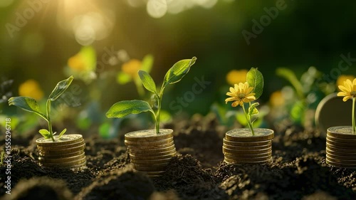 Growing Money Plants and Flowers Sprouting from Coin Stacks in Soil