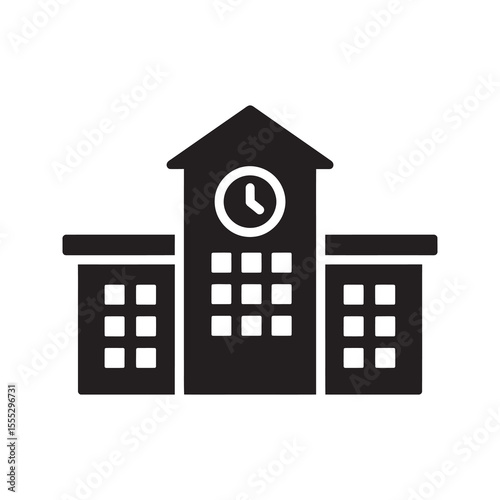 School building icon with a clock tower representing a university campus or an educational institution for higher learning and study vector solid glyph icon