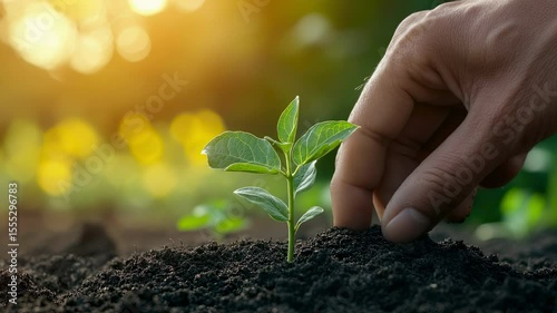 Close-up of hand planting a seedling in soil, illuminated by warm sunlight